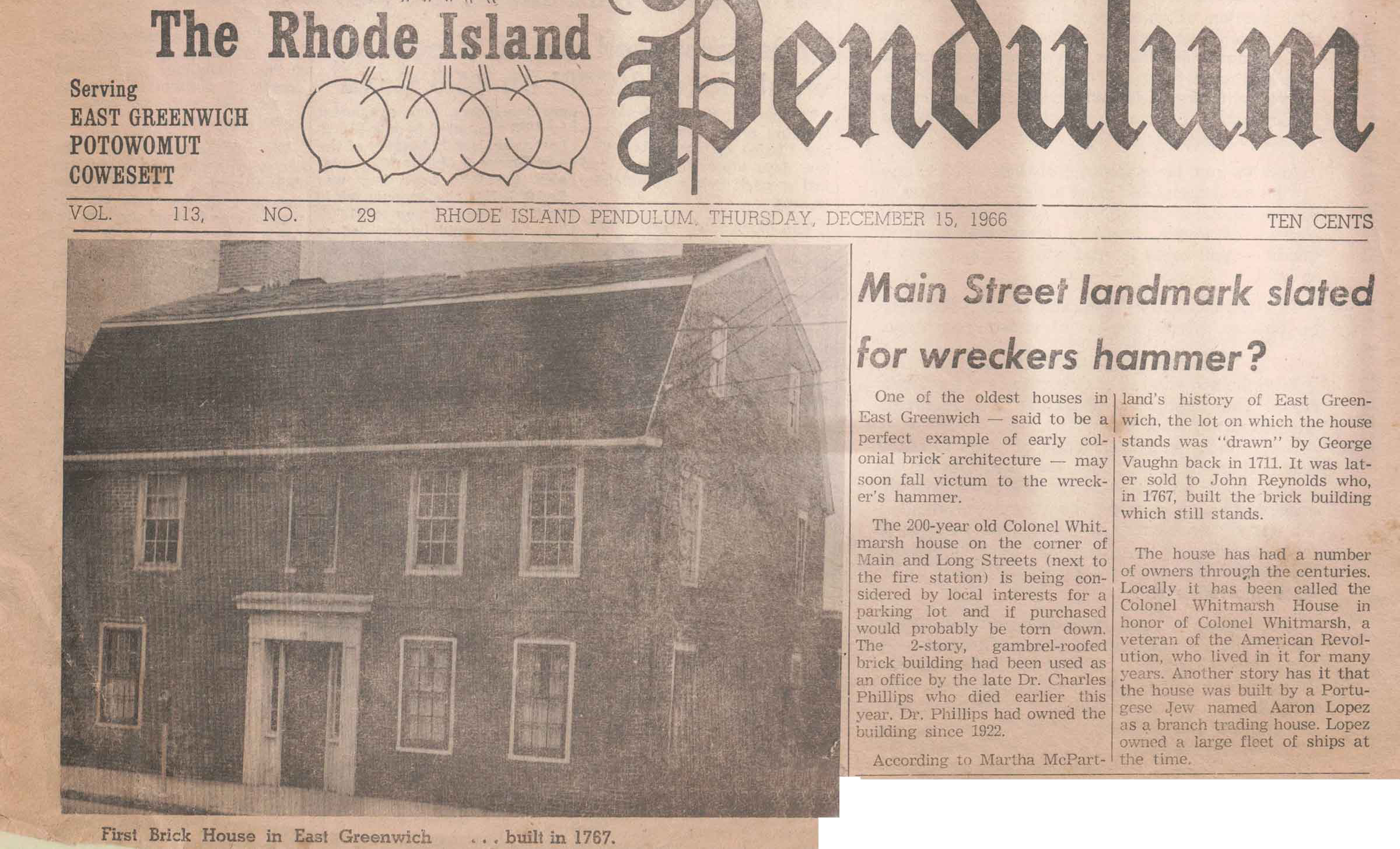 The Rhode Island Pendulum from December 15, 1966 with an article about the Brick House.