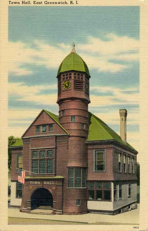 Linen postcard of the old East Greenwich Town Hall